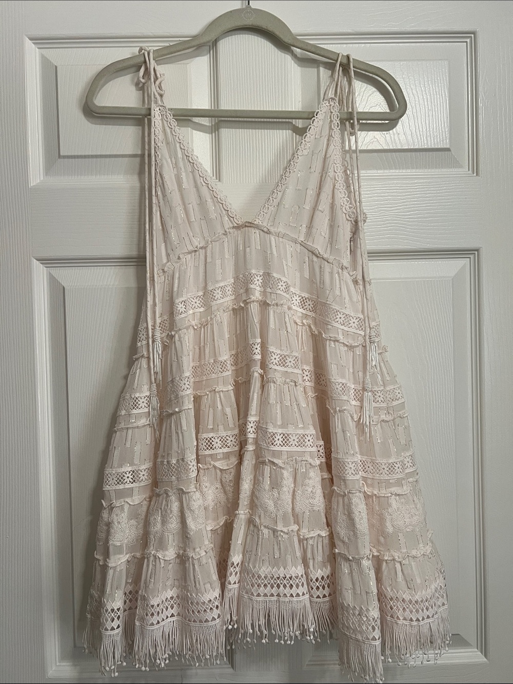 Fringed Tiered Lace Mini Dress in Light Blush Bridal